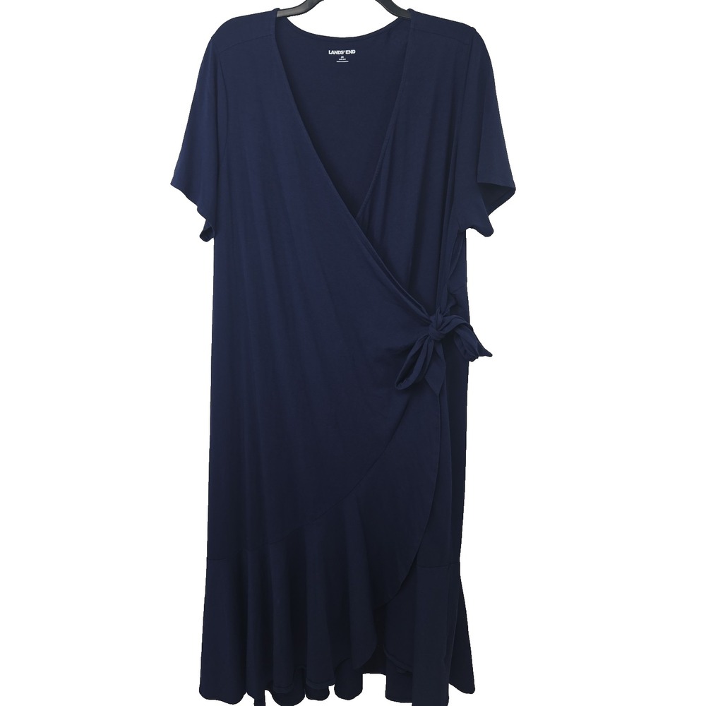 Lands' End 3X 24w-26w Navy Blue Jersey Rayon Faux  Wrap Maxi Dress Short Sleeve‎